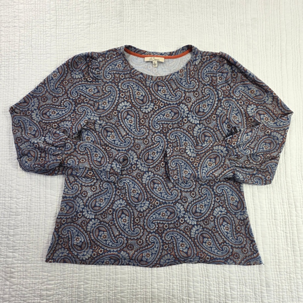 Le Serein Womens Blue Rust Paisley Puff Sleeve Knit Top Blouse SN24006MH6 EUC L